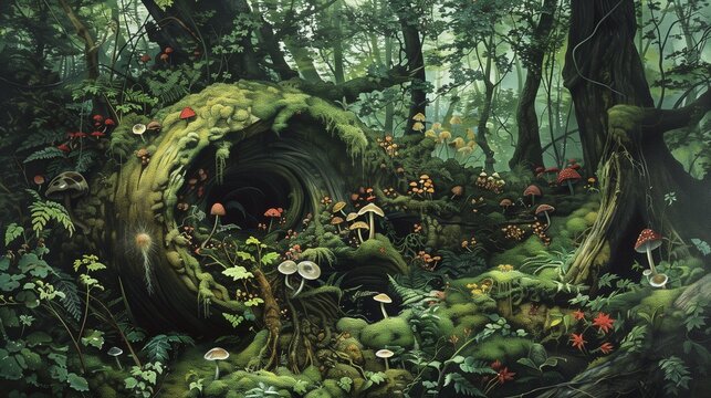 An intricately detailed image of a moss-covered log in a dense forest, with small fungi and vibrant green foliage surrounding it.