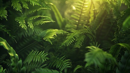 A close-up of a lush green fern, with intricate details of the fronds and sunlight filtering through the leaves.