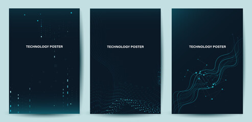 Futuristic digital blue line technology poster set, glowing lines innovation and connection network background for tech event poster or presentation product business
