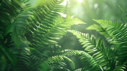 A close-up of a lush green fern, with intricate details of the fronds and sunlight filtering through the leaves.