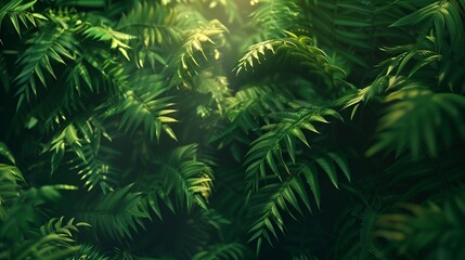A close-up of a lush green fern, with intricate details of the fronds and sunlight filtering through the leaves.
