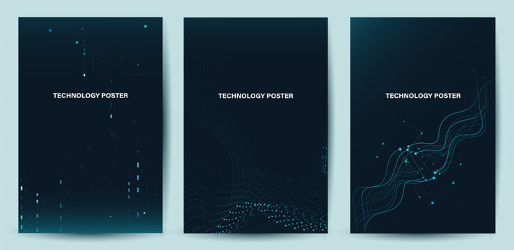 Futuristic digital blue line technology poster set, glowing lines innovation and connection network background for tech event poster or presentation product business