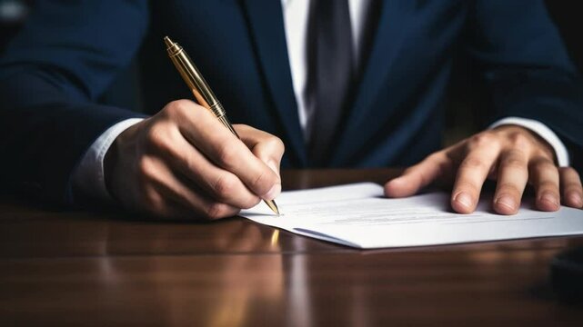 Signing a Contract: An up-close image portrays a focused individual's hands, elegantly holding a gold pen, signing an official document.