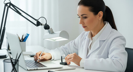 Female gemologist examining diamond and taking notes in lab