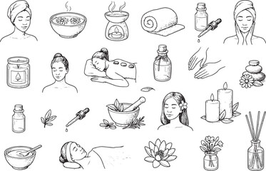 A collection of hand-drawn spa and wellness icons featuring women relaxing, facial treatments, massage stones, essential oils, candles, flowers, and herbal remedies, all in a minimalist black-and-whit