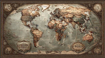 Detailed antique style world map illustration depicting continents countries and borders historical cartography © BgStudio98