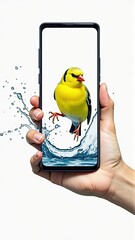 Hand holds smartphone with a bright yellow bird emerging from water, artistic phone wallpaper.