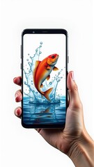 Hand holds phone displaying goldfish leaping from water, digitally enhanced with vibrant colors.
