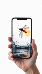 A hand holds a phone displaying a dragonfly hovering above water, a dynamic nature scene, art