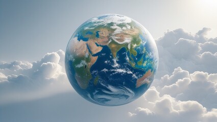 Digital illustration of Earth showing North and South America with swirling clouds, atmospheric view, and white background