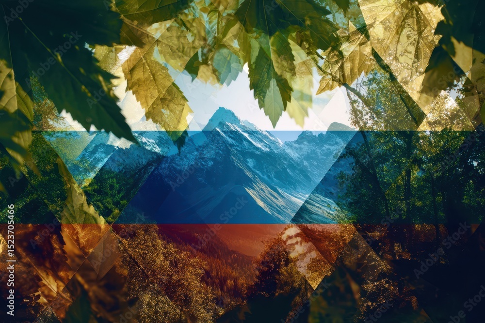 Poster a colorful collage of mountains and trees with a blue sky in the background