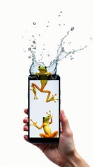 A whimsical phone display shows cartoon frogs emerging with a splash, held by a human hand