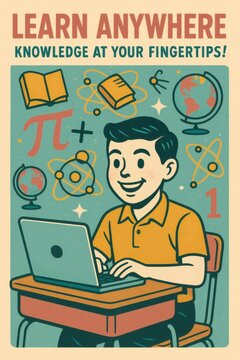 Retro educational poster student learning online at desk with laptop surrounded by books globes math symbols atomic style vintage colors e learning homeschooling digital classroom art