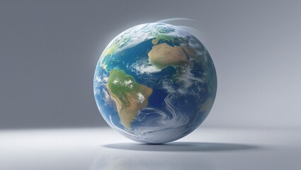 Digital illustration of Earth showing North and South America with swirling clouds, atmospheric view, and white background