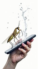 A poised mantis perches atop a phone as water erupts, held gently in a human hand against white.