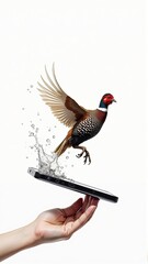 Elegant pheasant taking flight with splash of water from phone held by hand, isolated on white