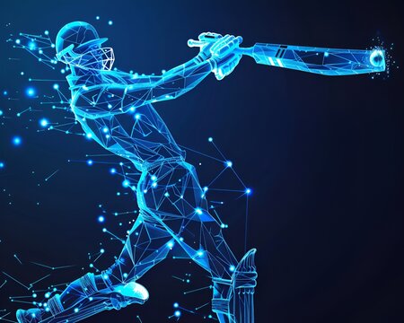 A dynamic polygonal cricket player, hitting the ball with force, formed from angular shapes and thinltra HD.