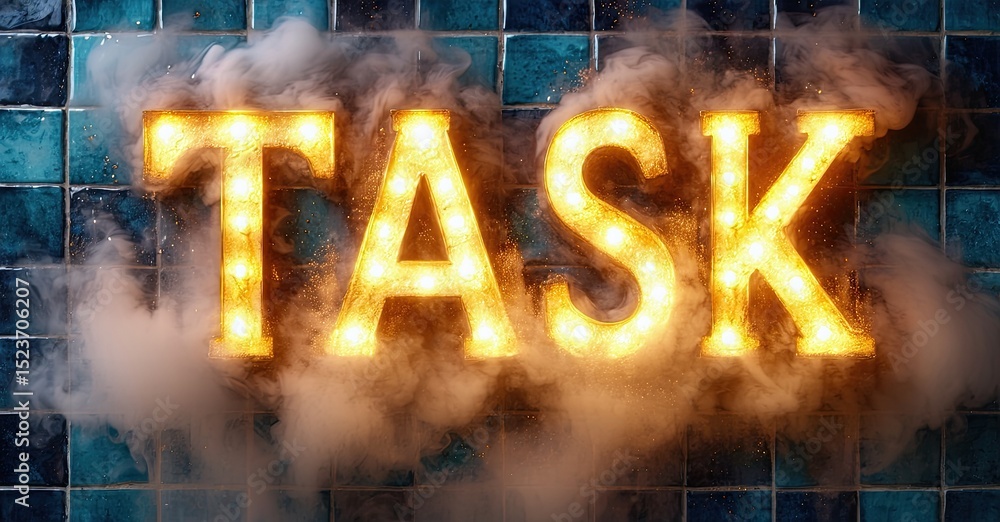 Aufkleber Glowing word TASK over blue tiled surface. Smoke surrounds bright lettering, creating dramatic effect. Dark background enhances visual impact.