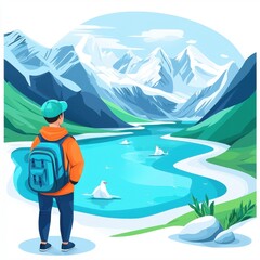 Fototapeta premium A digital painting of a serene landscape with a hiker in an orange jacket and blue backpack overlooking a lake surrounded by snow capped mountains