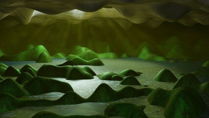 Hollow Earth underground cave ecosystem.  Ancient subterranean cave deep below Earth's surface.
Ecosystem in center of Earth. Hollow Earth theory concept. Exoplanet cave. 3d render illustration.