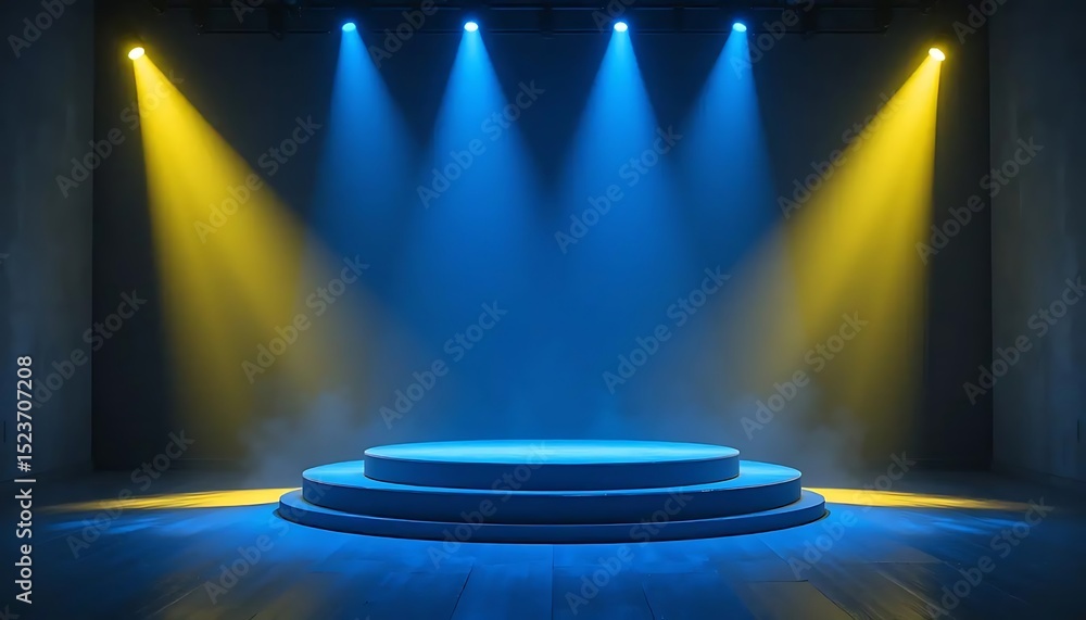 Poster illuminated empty stage with spot lights for product placement displays