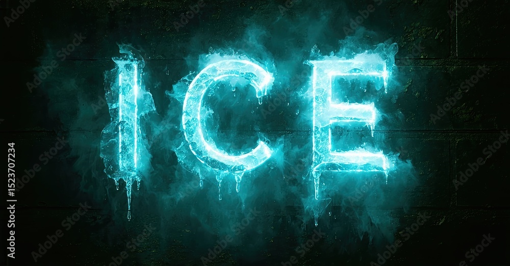 Aufkleber Bright blue text spells ICE against dark textured background. Frosty drips emanate from letters, creating cool visual effect.