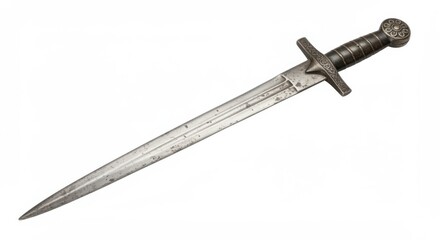 Medieval sword with ornate hilt isolated on white background
