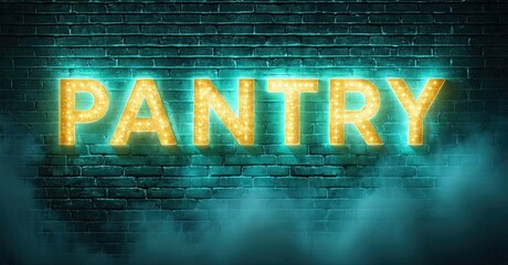 Bright neon sign spells PANTRY against textured brick wall. Blue smoke adds dramatic effect, dark background enhances glow.