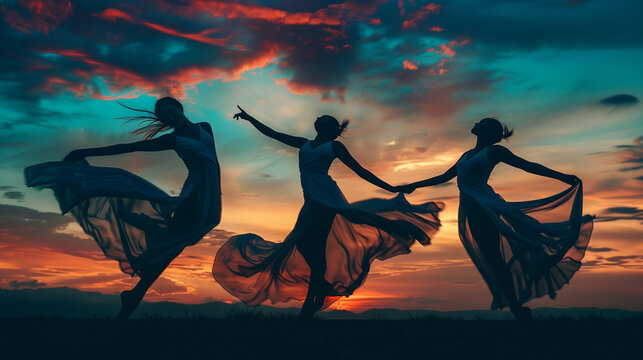 young women dancing on the beach silhouette expressing freedom of movement and joy - Powered by Adobe