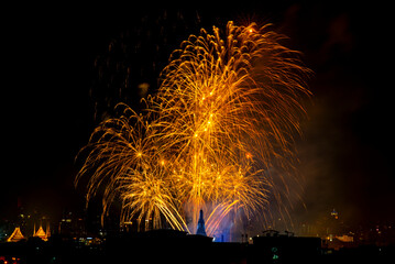 Celebration Happy new year,  Beautiful firework display at Wat Arun for Bangkok Thailand Countdown Beautiful backdrop and lighting of famous Bangkok landmark, Thailand