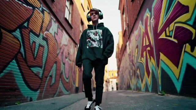 Trendy teen walks through graffiti-covered alley, headphones on, bopping to music while scrolling phone. Urban textures, vivid colors, golden hour light, casual vibe