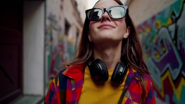Trendy teen walks through graffiti-covered alley, headphones on, bopping to music while scrolling phone. Urban textures, vivid colors, golden hour light, casual vibe