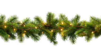 Christmas pine garland with glowing fairy lights, isolated on a Transparent background, PNG file. background, festive and detailed holiday decor, ultra-realistic needles and light reflections