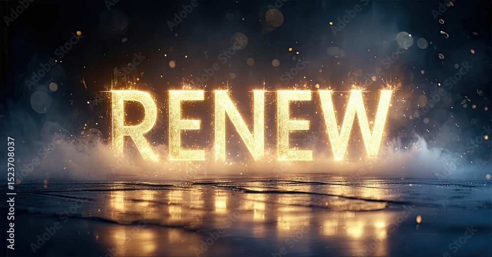Poster bright golden renew text glows above reflective surface. dark blue, smoky background adds dramatic e