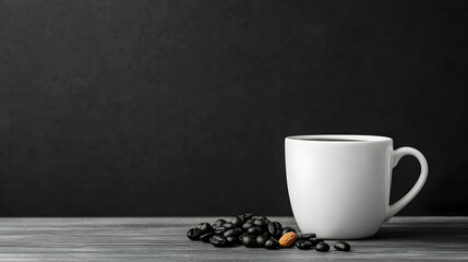 White Coffee Cup with Coffee Beans on Rustic Wooden Table