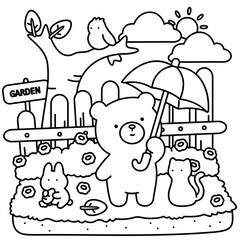 Little Bear goes for a walk in the garden on a sunny day, easy coloring for kids, vector, illustration, coloring book, coloring page, cozy, cute, bold, comfy