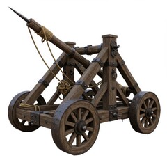 Medieval wooden trebuchet siege engine isolated on white background