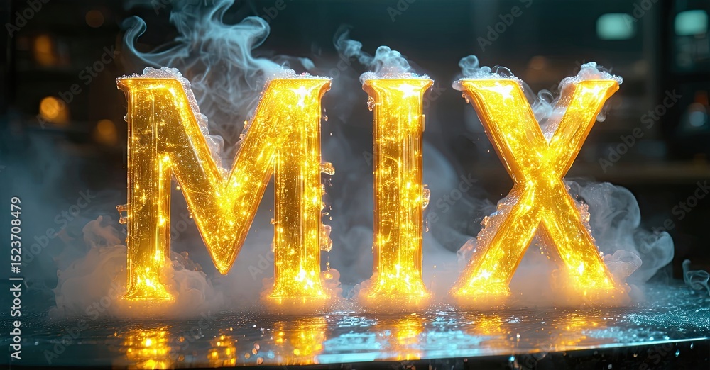 Poster glowing text spells mix. golden letters emit light, surrounded by smoke. reflections visible on wet 