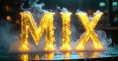 Glowing text spells MIX. Golden letters emit light, surrounded by smoke. Reflections visible on wet surface below. Dramatic lighting creates intense mood.