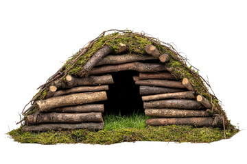  Primitive shelter made of logs and moss, survival structure on grassy ground, eco-friendly handmade woodland hideout