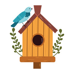 Birdhouse with a bird.Isolated vector illustration of a birdhouse with a cute bird and budding flowers on a white background, whimsical and inviting, symbolizing spring.