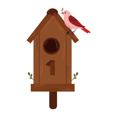 Birdhouse with a bird.Isolated vector illustration of a birdhouse with a cute bird and budding flowers on a white background, whimsical and inviting, symbolizing spring.