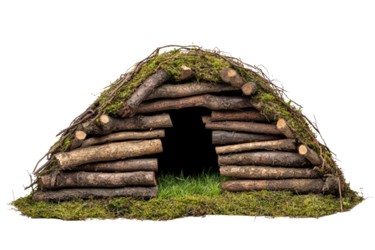  Primitive shelter made of logs and moss, survival structure on grassy ground, eco-friendly handmade woodland hideout