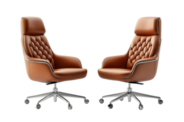 Two brown leather office chairs with chrome base, ergonomic executive seating designed for stylish and comfortable workspace environments.

