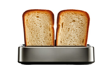 Two slices of toasted bread in silver toaster, golden crispy surface ideal for breakfast scenes, kitchen appliances, or food concepts.

