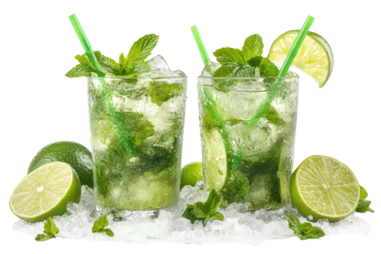 Icy mojito cocktails with lime, mint, and straws, refreshing summer drinks served cold with crushed ice, vibrant citrus beverage concept.
