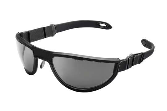 Sporty black sunglasses with wide arms and sleek design, stylish accessory offering eye protection in outdoor or travel settings.
