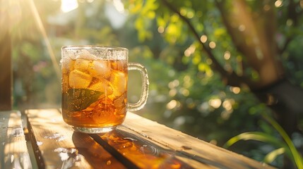 A glass cup with a frosty exterior, filled with iced tea, on a summer porch.