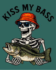 Skeleton with bass fish. Kiss my bass