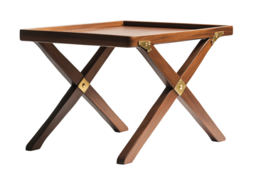  Wooden tray table with crossed legs and brass accents, compact elegant furniture piece suited for home decor or light service